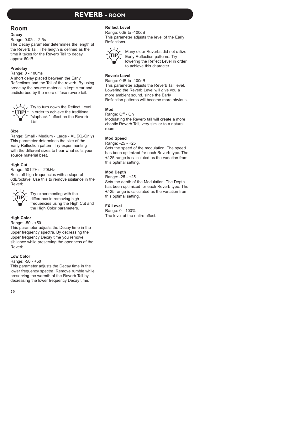 Reverb, Room | TC Electronic M-One XL User Manual | Page 22 / 46