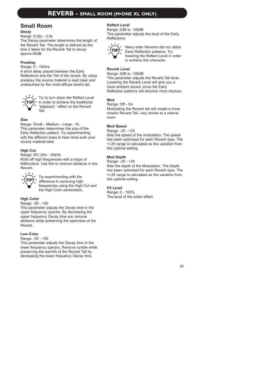 Reverb, Small room | TC Electronic M-One XL User Manual | Page 23 / 46