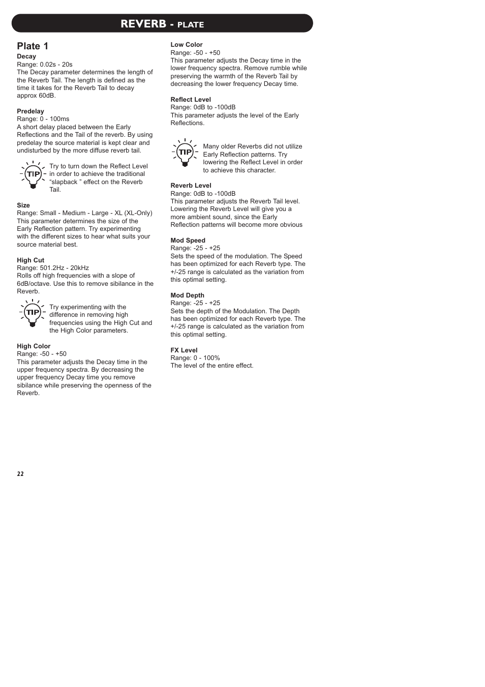 Reverb, Plate 1 | TC Electronic M-One XL User Manual | Page 24 / 46