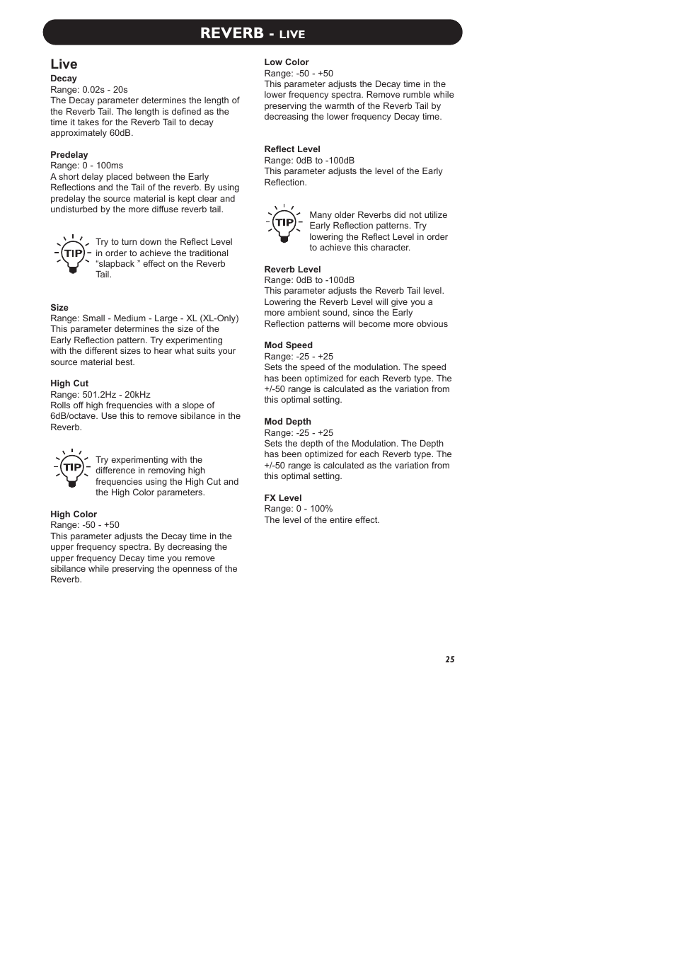 Reverb, Live | TC Electronic M-One XL User Manual | Page 27 / 46
