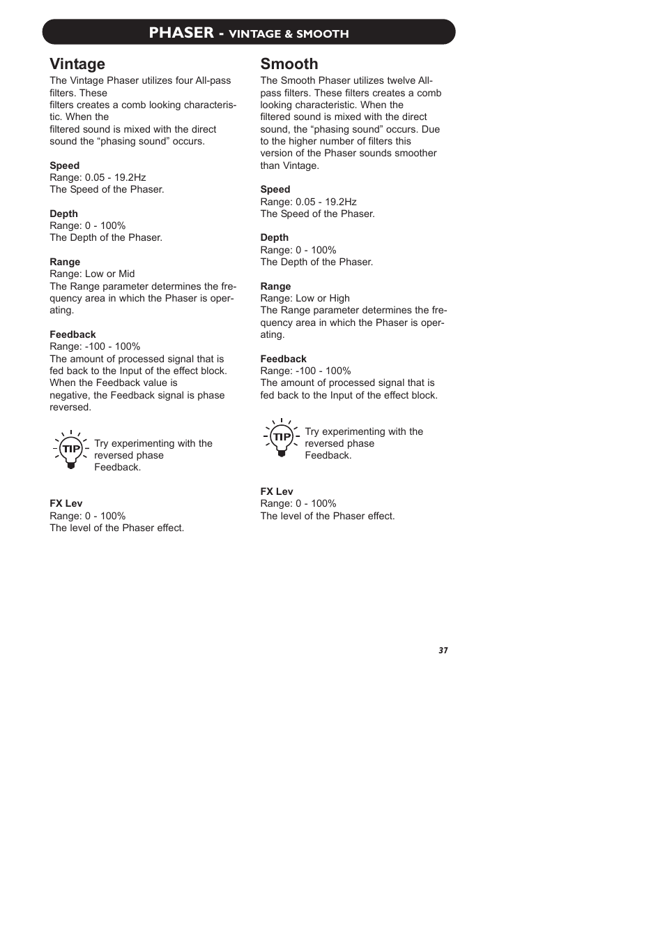 Phaser, Vintage, Smooth | TC Electronic M-One XL User Manual | Page 39 / 46