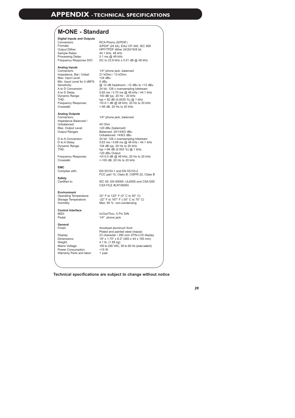 Appendix, M•one - standard, Technical specifications | TC Electronic M-One XL User Manual | Page 41 / 46