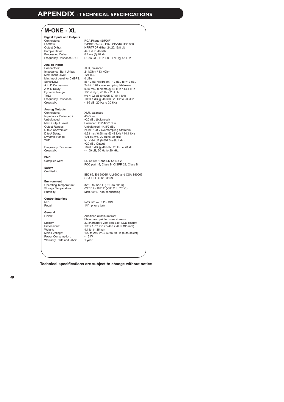 Appendix, M•one - xl, Technical specifications | TC Electronic M-One XL User Manual | Page 42 / 46