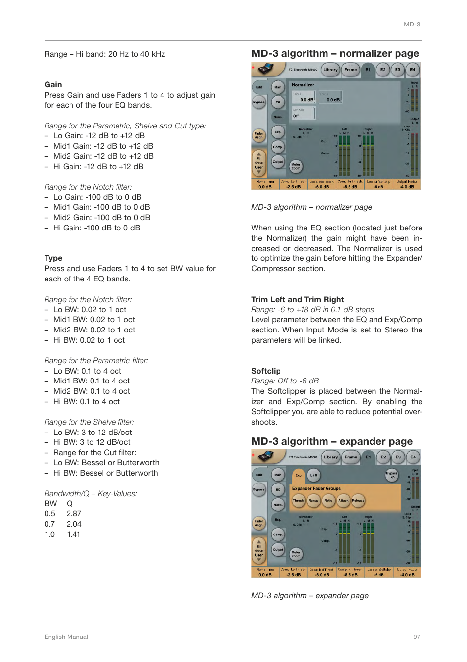 Md-3 algorithm – normalizer page, Md-3 algorithm – expander page | TC Electronic Broadcast 6000 User Manual | Page 101 / 210