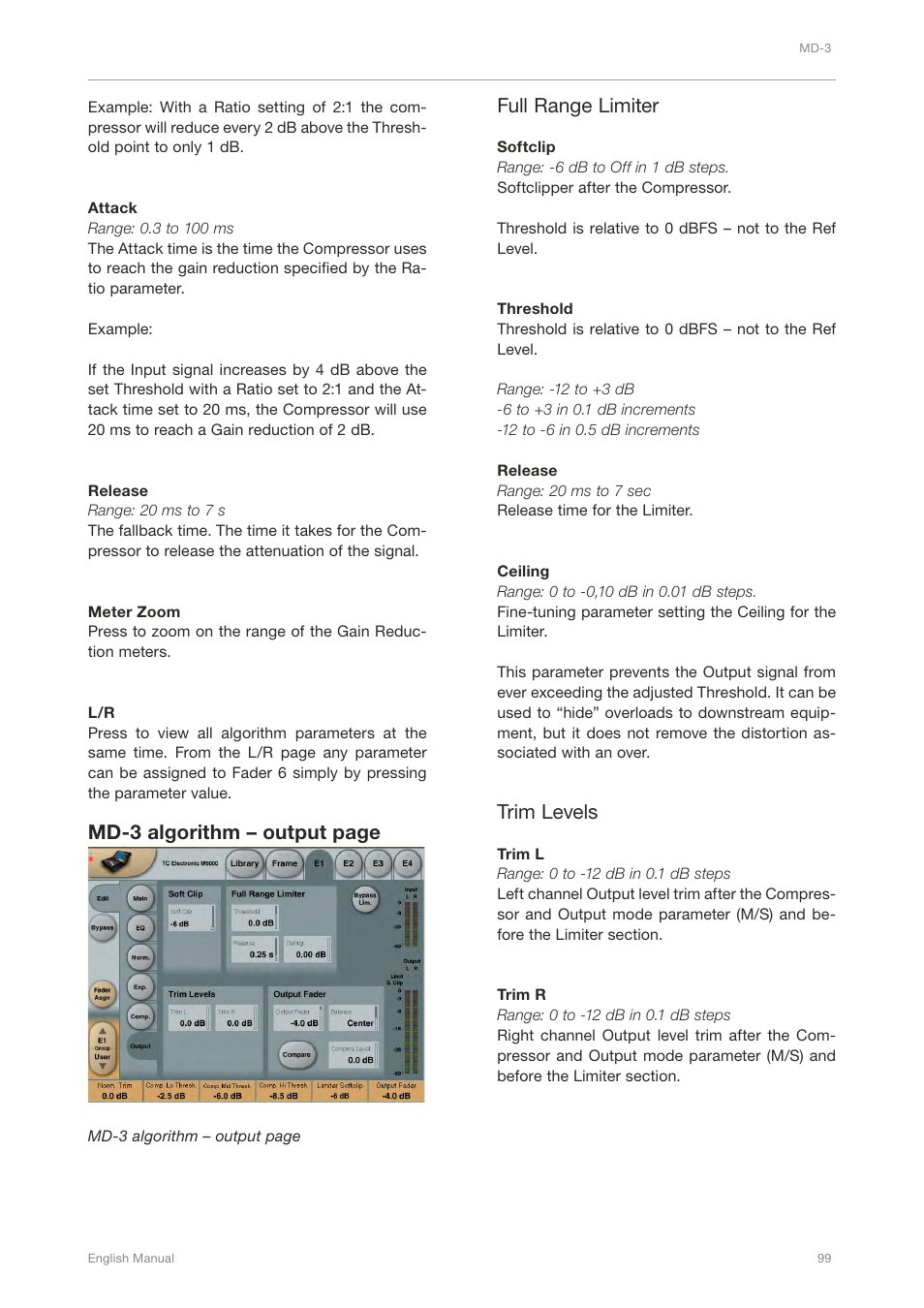 Md-3 algorithm – output page, Full range limiter, Trim levels | TC Electronic Broadcast 6000 User Manual | Page 103 / 210