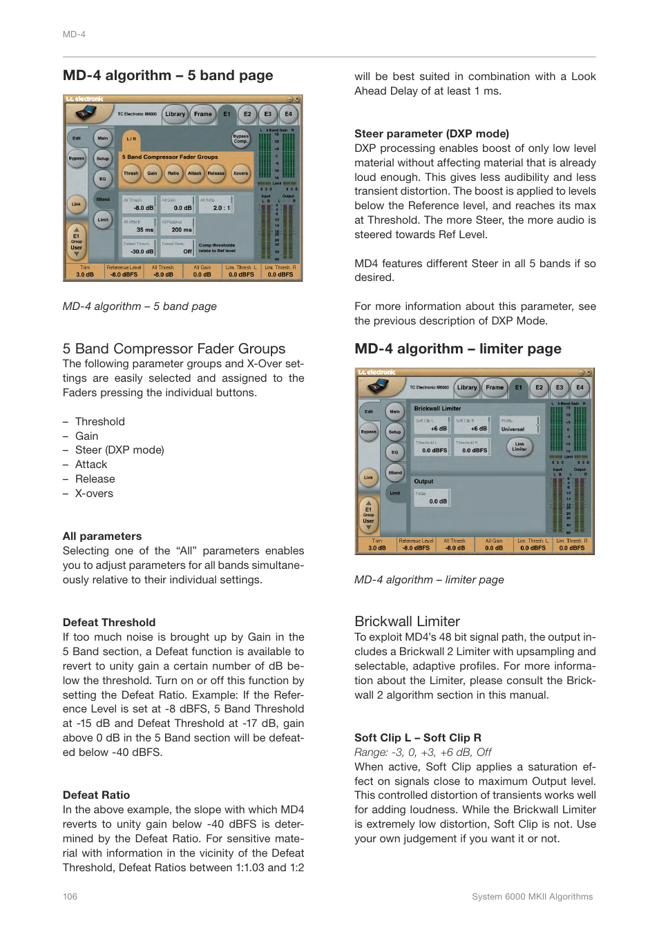 Md-4 algorithm – 5 band page, 5 band compressor fader groups, Md-4 algorithm – limiter page | Brickwall limiter | TC Electronic Broadcast 6000 User Manual | Page 110 / 210