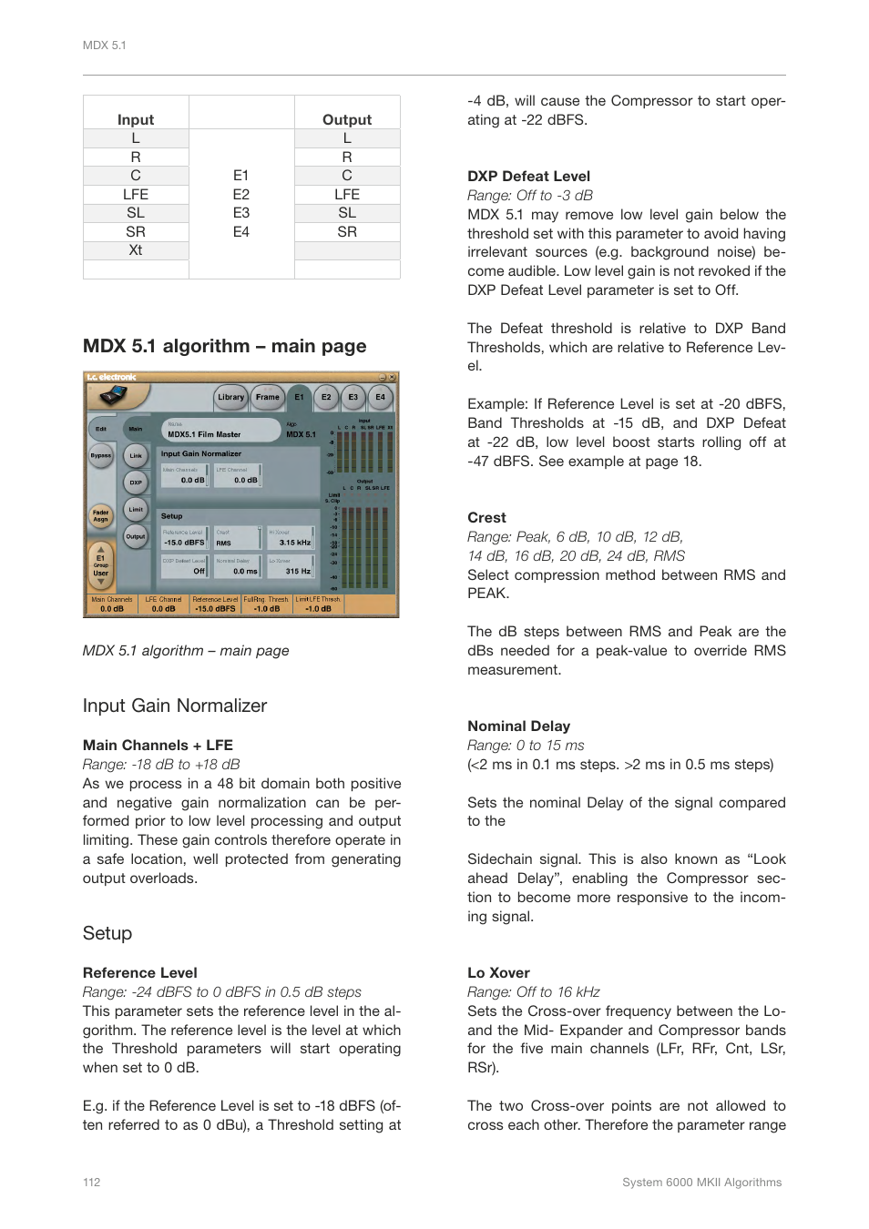 Mdx 5.1 algorithm – main page, Input gain normalizer, Setup | TC Electronic Broadcast 6000 User Manual | Page 116 / 210