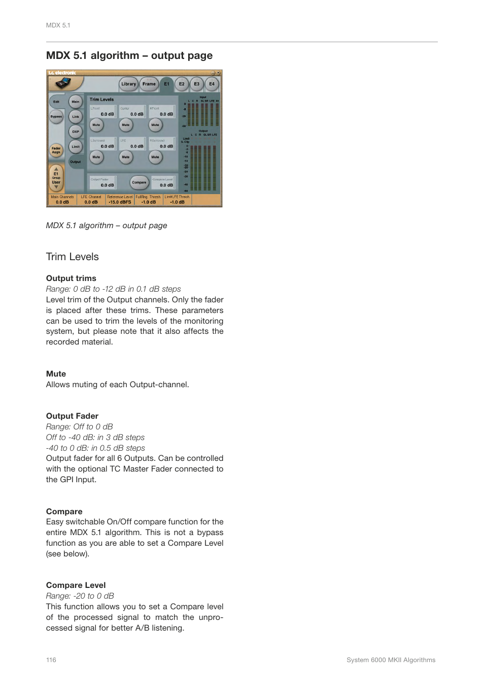 Mdx 5.1 algorithm – output page, Trim levels | TC Electronic Broadcast 6000 User Manual | Page 120 / 210