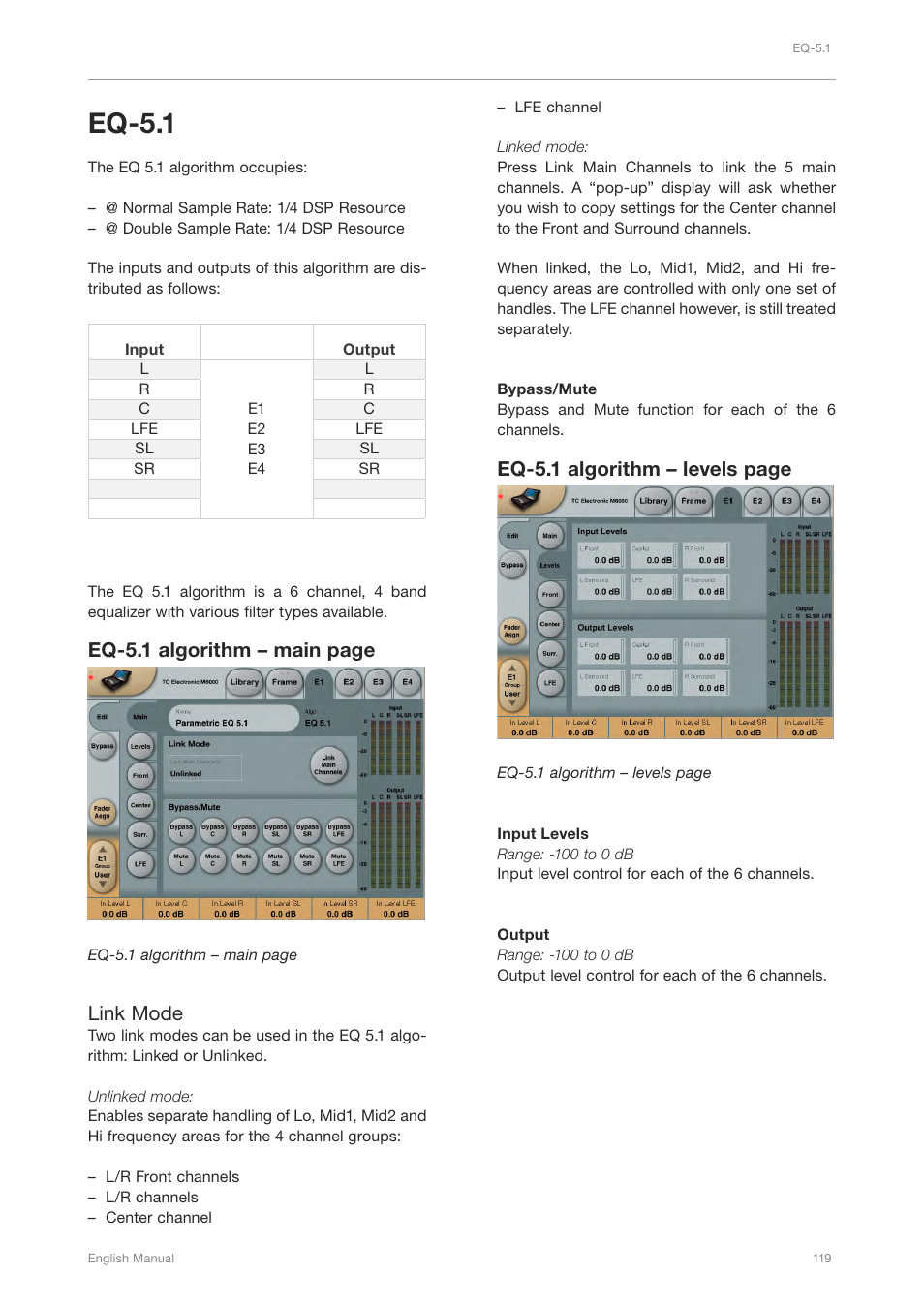 Eq-5.1, Eq-5.1 algorithm – main page, Link mode | Eq-5.1 algorithm – levels page | TC Electronic Broadcast 6000 User Manual | Page 123 / 210