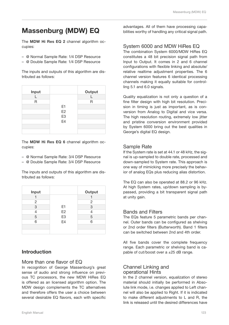 Massenburg (mdw) eq, Introduction more than one flavor of eq, System 6000 and mdw hires eq | Sample rate, Bands and filters, Channel linking and operational hints | TC Electronic Broadcast 6000 User Manual | Page 127 / 210