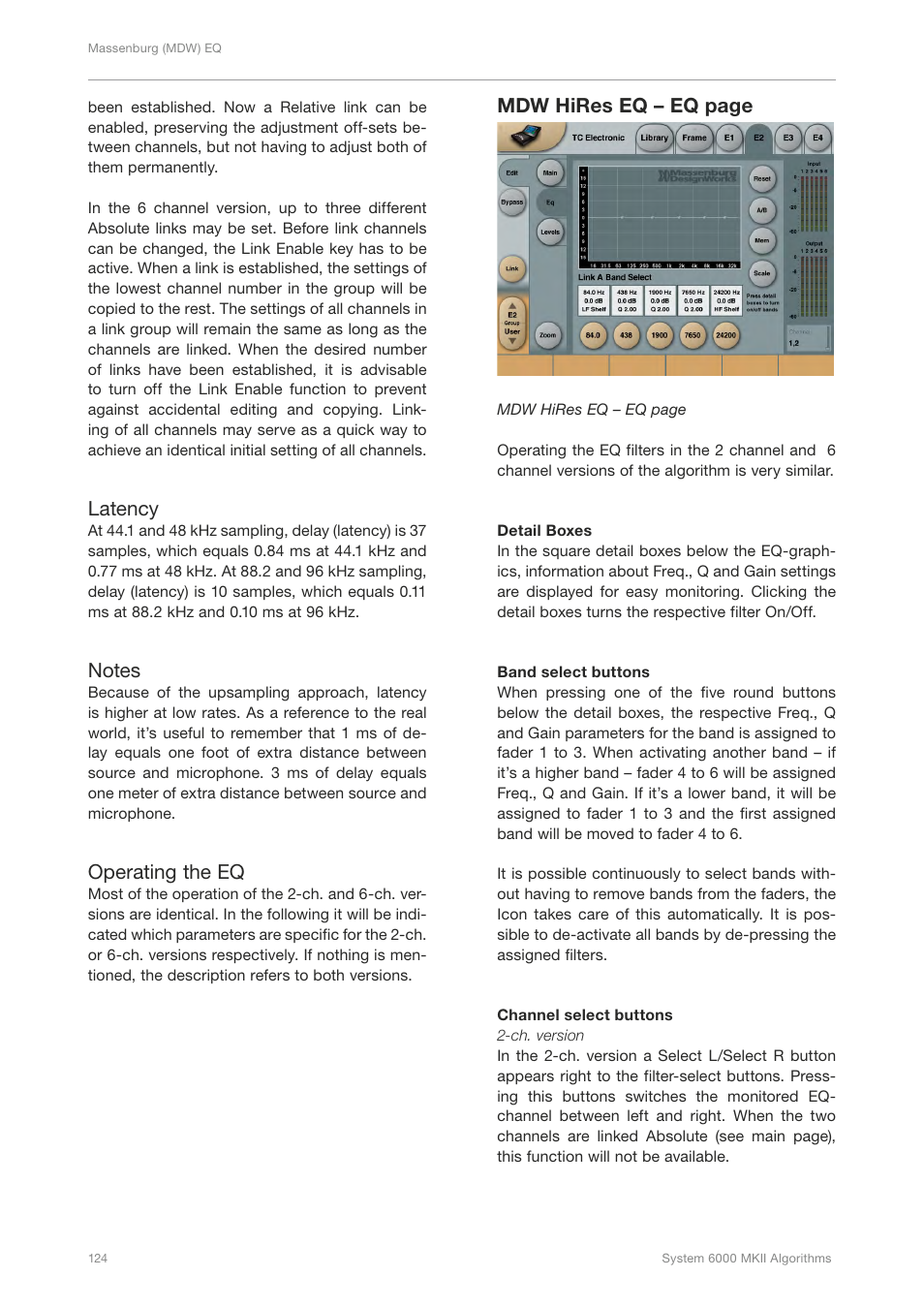 Latency, Operating the eq, Mdw hires eq – eq page | TC Electronic Broadcast 6000 User Manual | Page 128 / 210