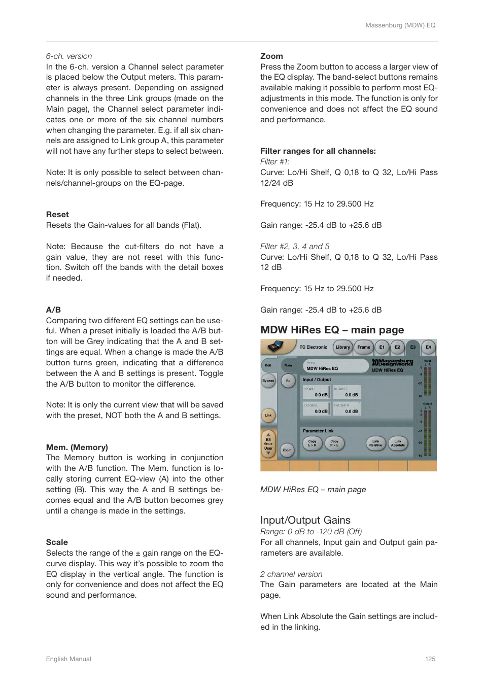 Mdw hires eq – main page, Input/output gains | TC Electronic Broadcast 6000 User Manual | Page 129 / 210