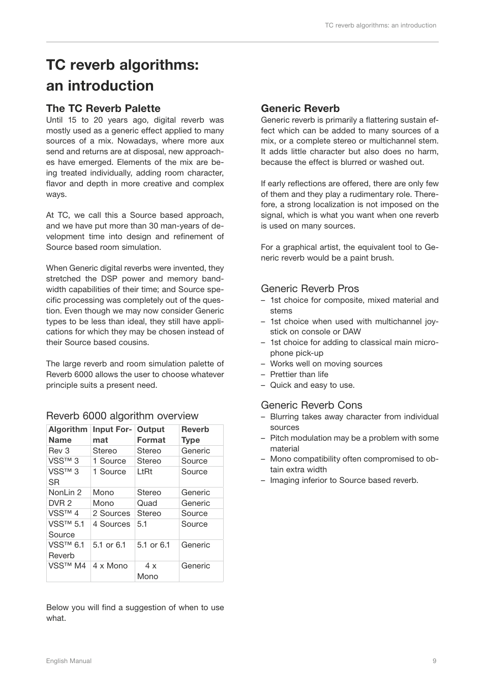 Tc reverb algorithms: an introduction, The tc reverb palette, Reverb 6000 algorithm overview | Generic reverb, Generic reverb pros, Generic reverb cons | TC Electronic Broadcast 6000 User Manual | Page 13 / 210