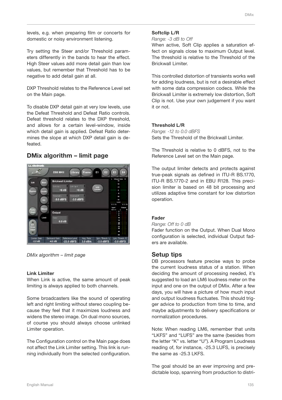 Dmix algorithm – limit page, Setup tips | TC Electronic Broadcast 6000 User Manual | Page 139 / 210