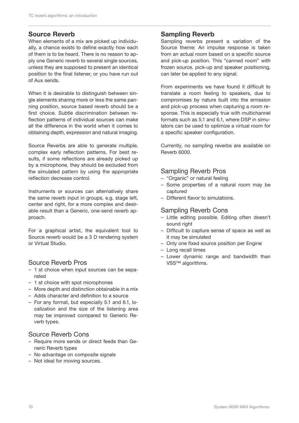 Source reverb, Source reverb pros, Source reverb cons | Sampling reverb, Sampling reverb pros, Sampling reverb cons | TC Electronic Broadcast 6000 User Manual | Page 14 / 210