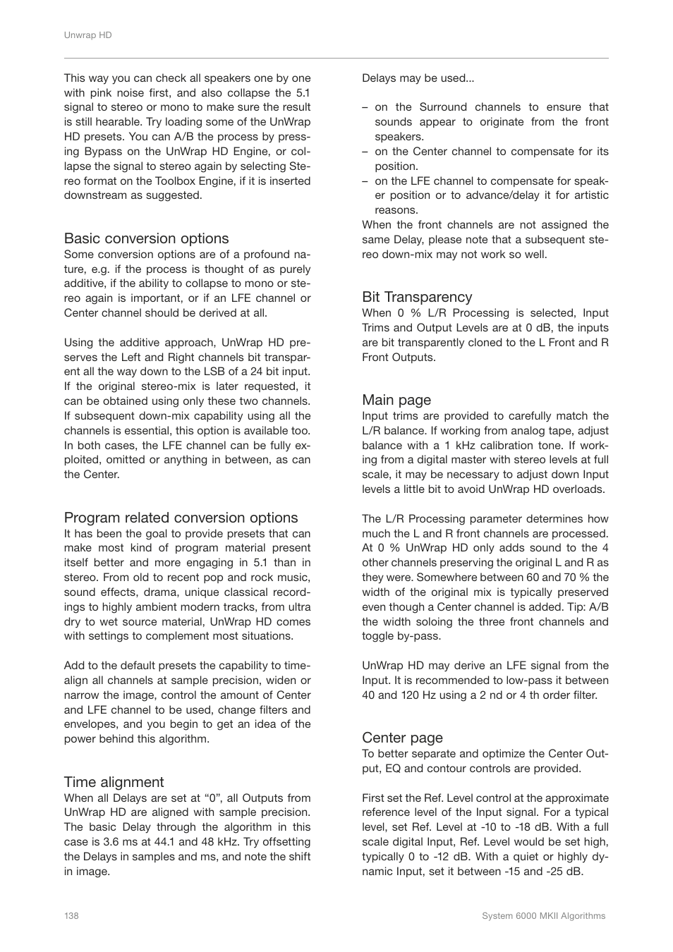 Basic conversion options, Program related conversion options, Time alignment | Bit transparency, Main page, Center page | TC Electronic Broadcast 6000 User Manual | Page 142 / 210