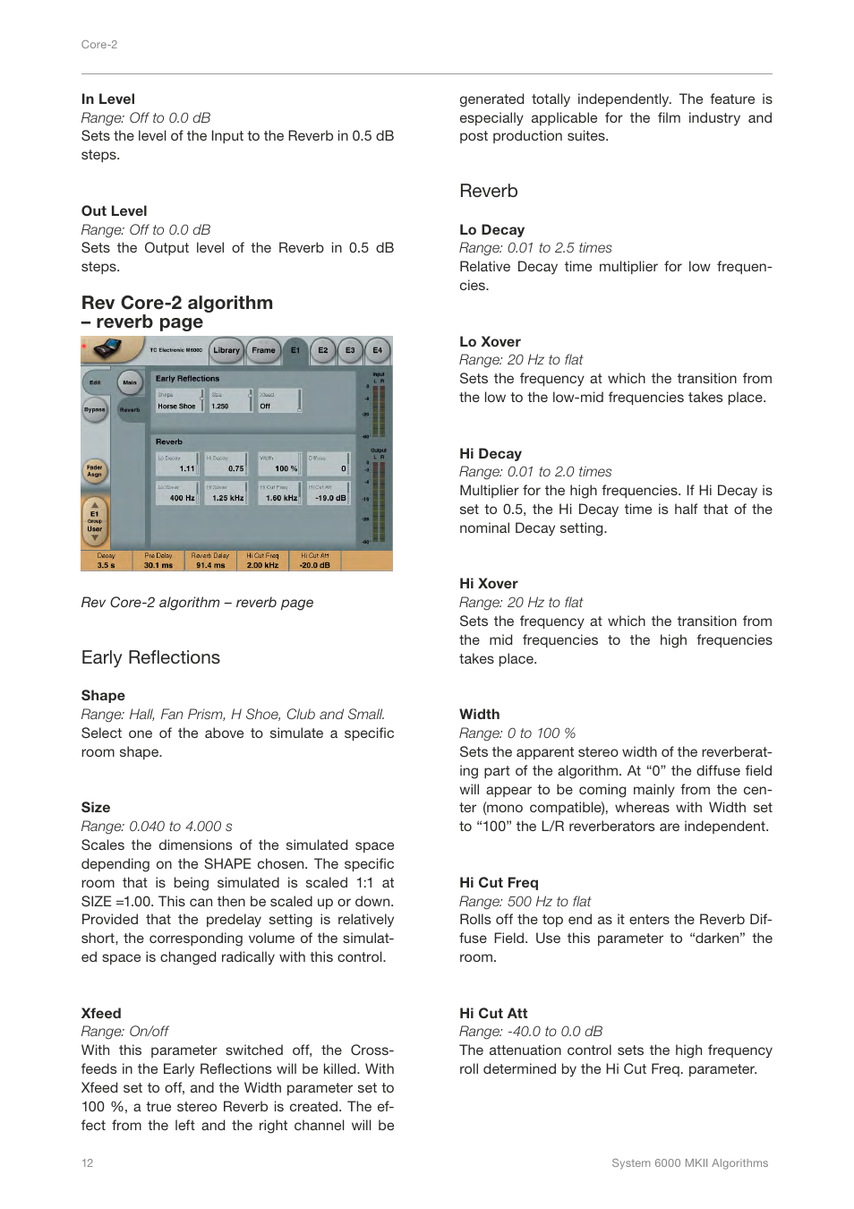 Rev core-2 algorithm – reverb page, Early reflections, Reverb | TC Electronic Broadcast 6000 User Manual | Page 16 / 210