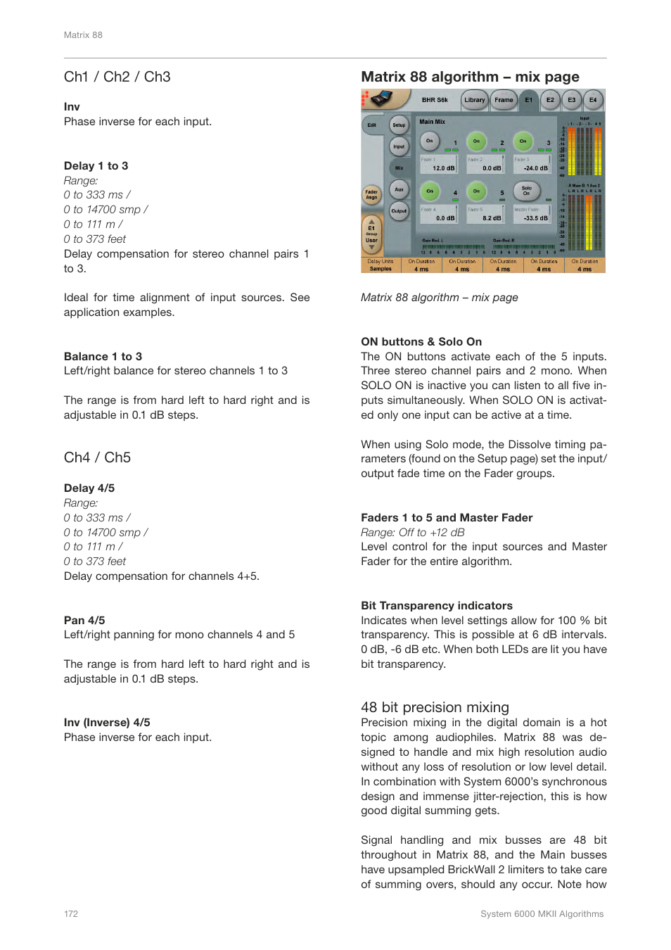 Ch1 / ch2 / ch3, Ch4 / ch5, Matrix 88 algorithm – mix page | 48 bit precision mixing | TC Electronic Broadcast 6000 User Manual | Page 176 / 210