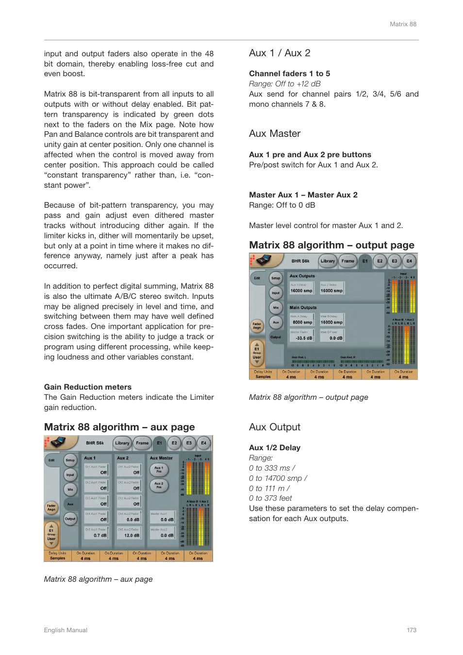 Matrix 88 algorithm – aux page, Aux 1 / aux 2, Aux master | Matrix 88 algorithm – output page, Aux output | TC Electronic Broadcast 6000 User Manual | Page 177 / 210