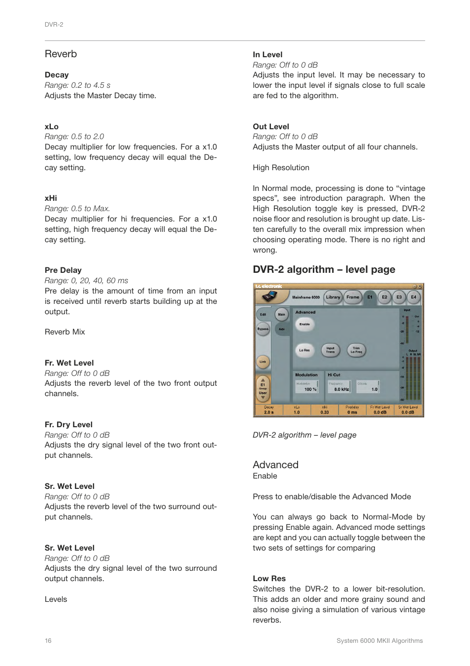 Reverb, Dvr-2 algorithm – level page, Advanced | TC Electronic Broadcast 6000 User Manual | Page 20 / 210