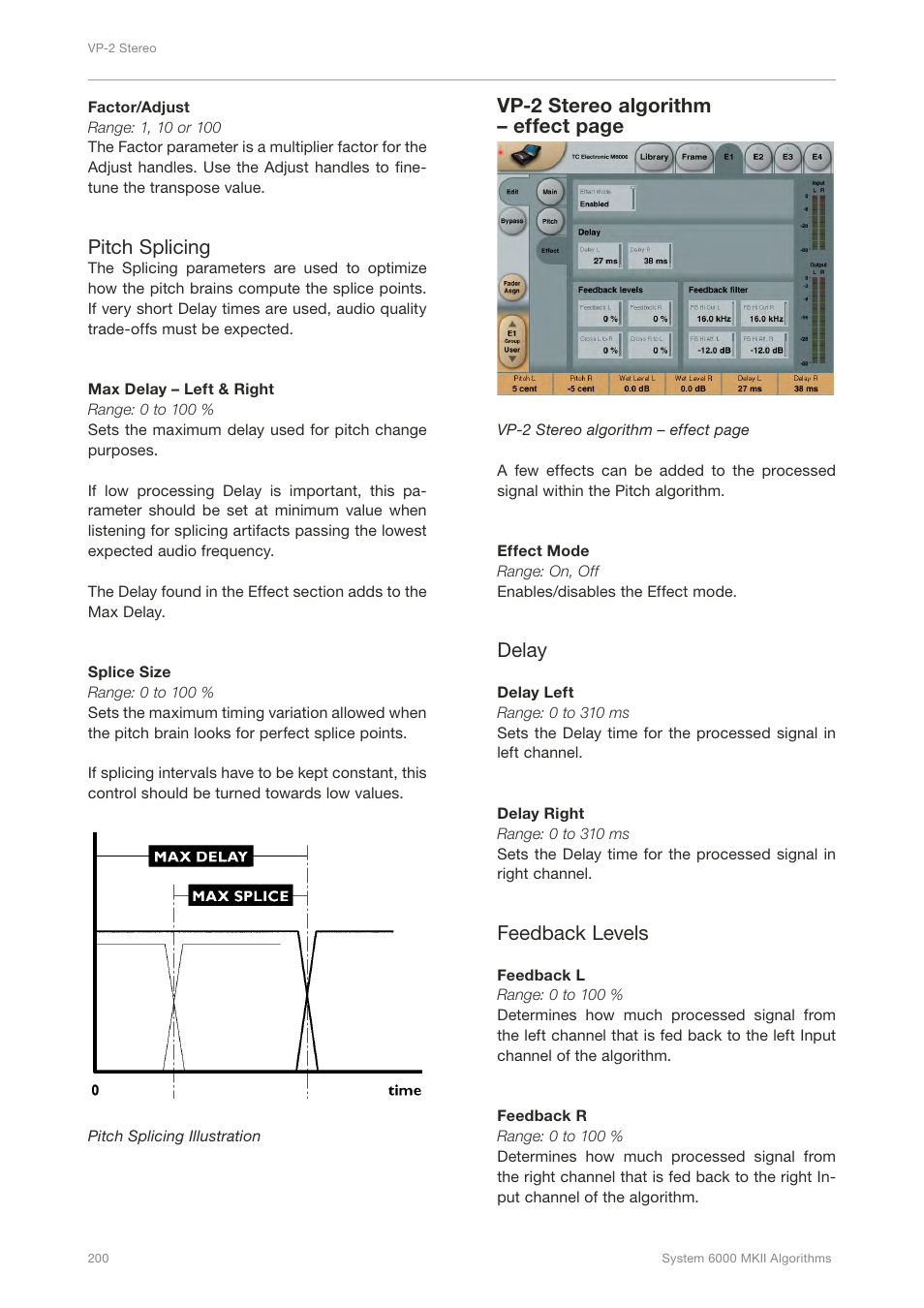 Pitch splicing, Vp-2 stereo algorithm – effect page, Delay | Feedback levels | TC Electronic Broadcast 6000 User Manual | Page 204 / 210