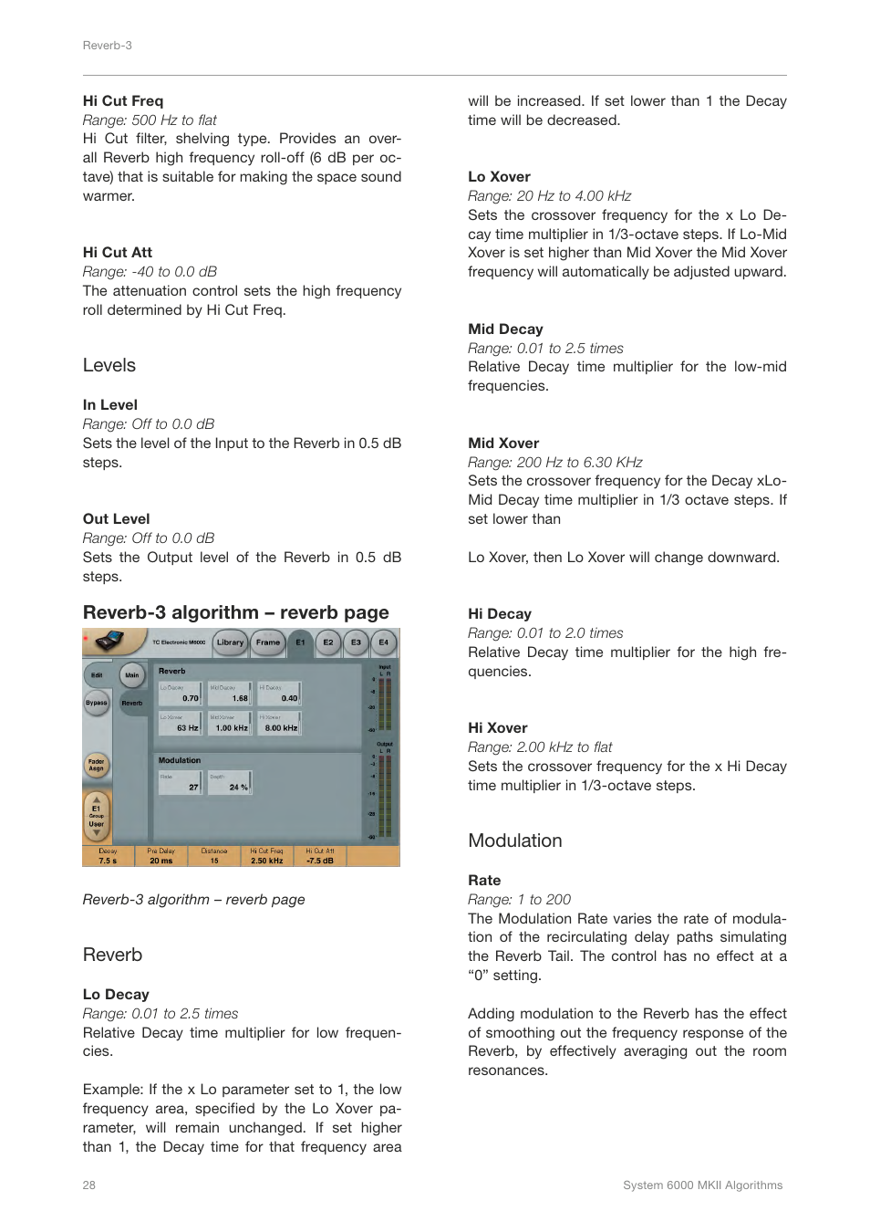Levels, Reverb-3 algorithm – reverb page, Reverb | Modulation | TC Electronic Broadcast 6000 User Manual | Page 32 / 210