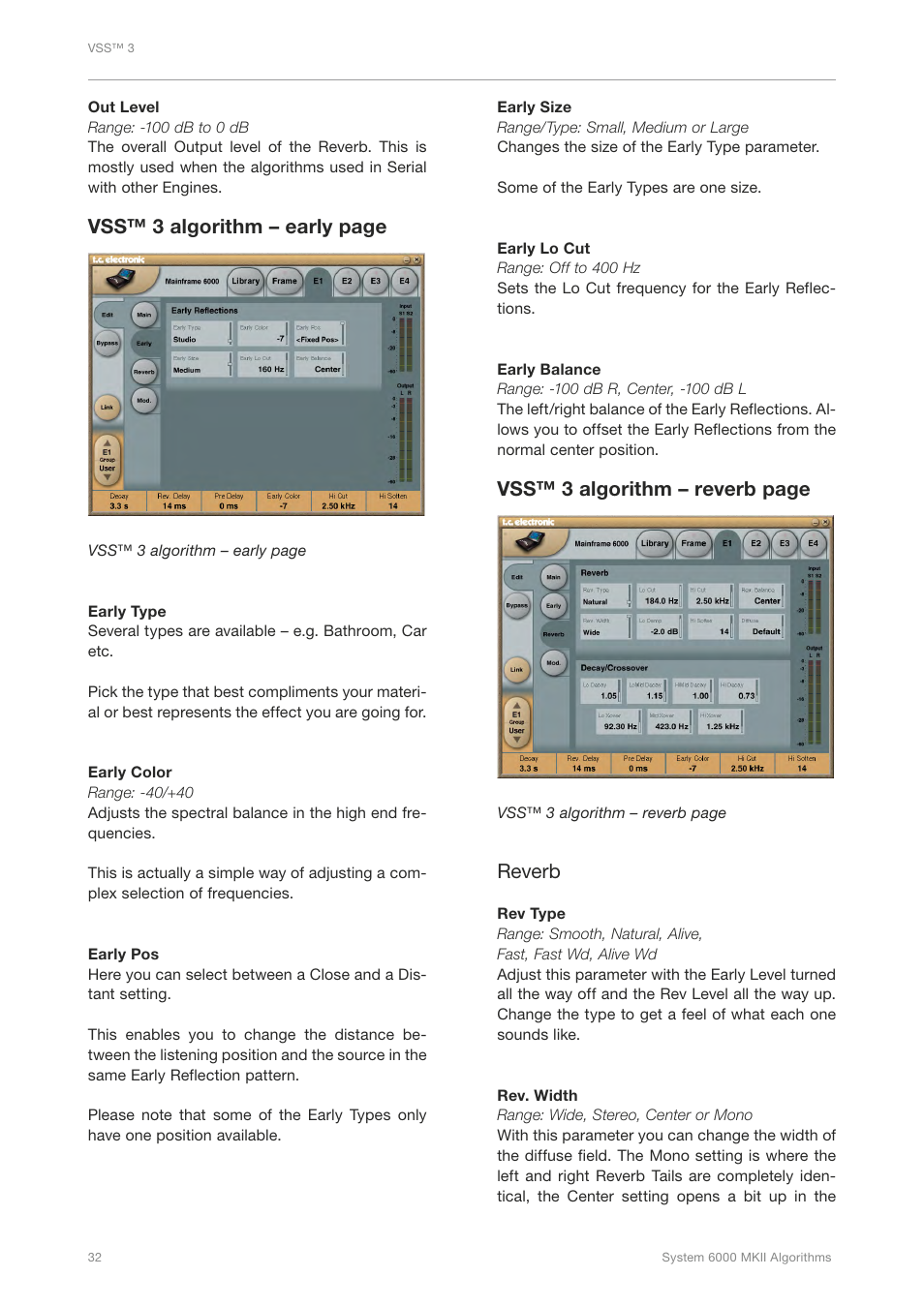 Vss™ 3 algorithm – early page, Vss™ 3 algorithm – reverb page, Reverb | TC Electronic Broadcast 6000 User Manual | Page 36 / 210