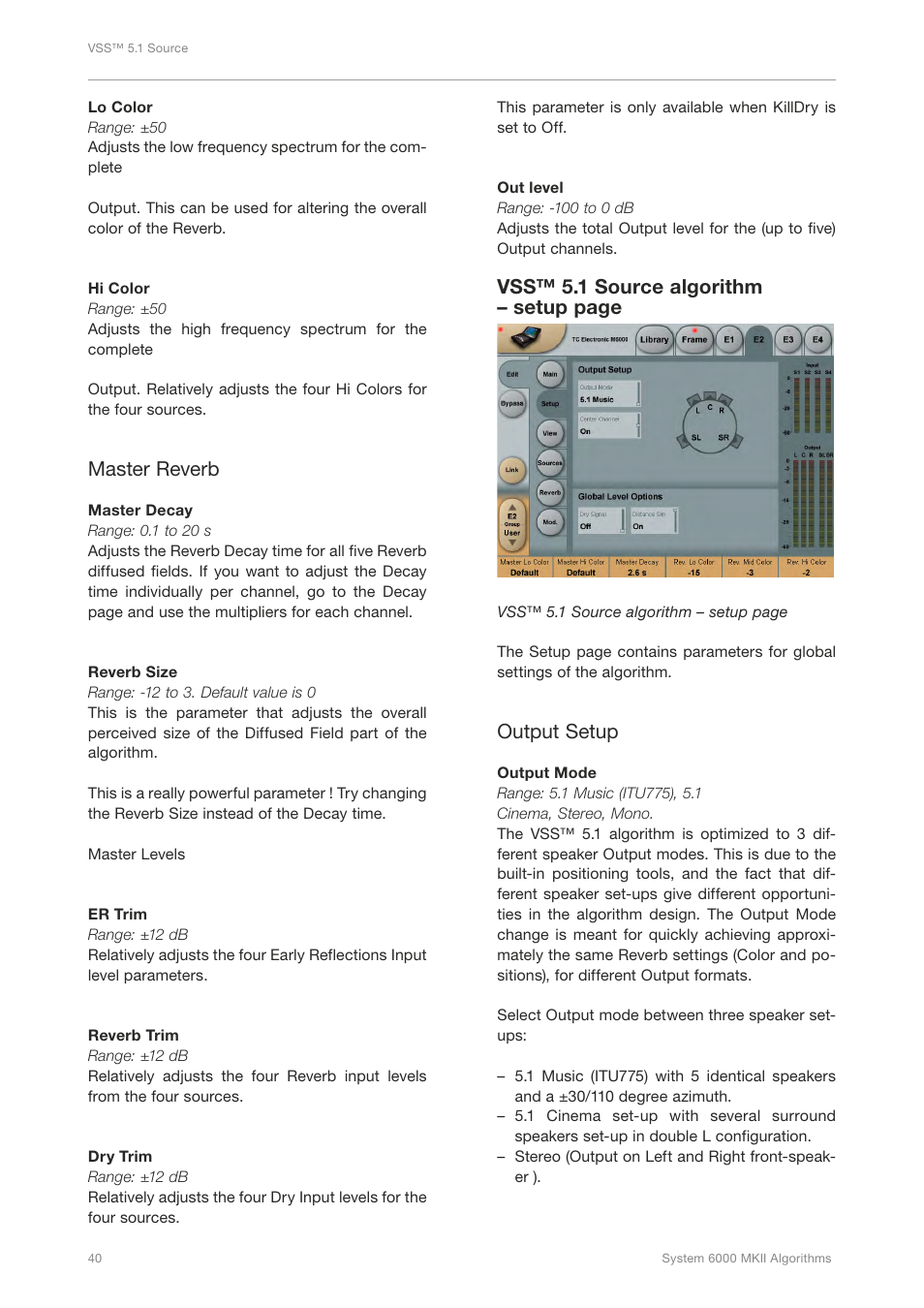 Master reverb, Vss™ 5.1 source algorithm – setup page, Output setup | TC Electronic Broadcast 6000 User Manual | Page 44 / 210