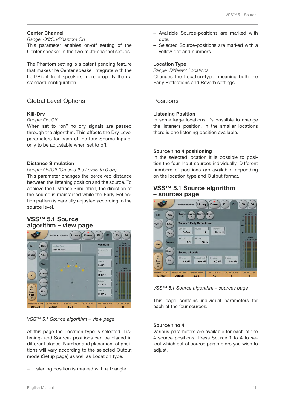 Global level options, Vss™ 5.1 source algorithm – view page, Positions | Vss™ 5.1 source algorithm – sources page | TC Electronic Broadcast 6000 User Manual | Page 45 / 210