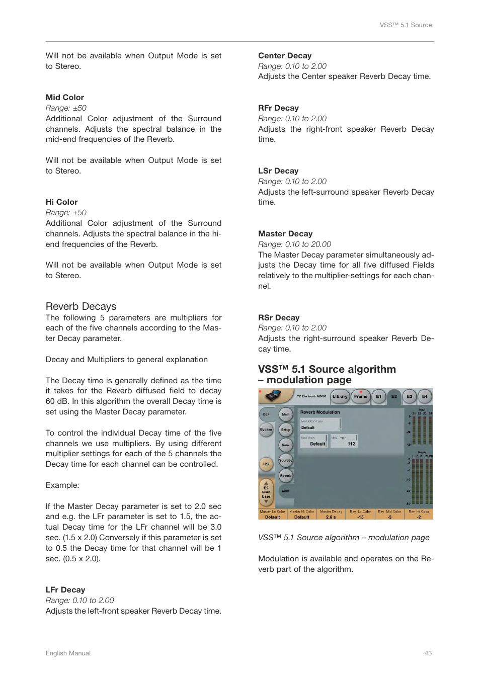 Reverb decays, Vss™ 5.1 source algorithm – modulation page | TC Electronic Broadcast 6000 User Manual | Page 47 / 210