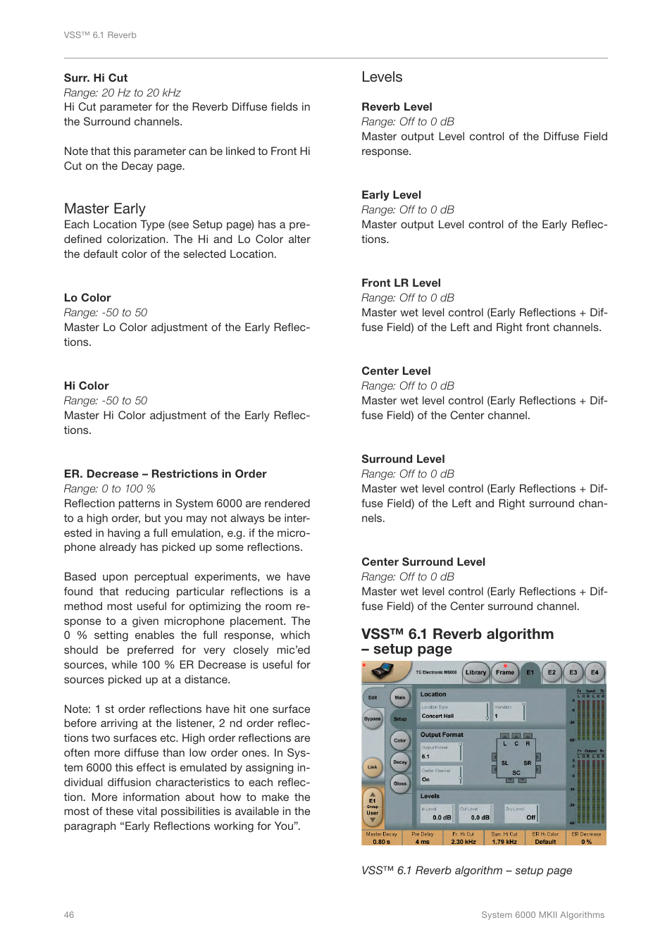 Master early, Levels, Vss™ 6.1 reverb algorithm – setup page | TC Electronic Broadcast 6000 User Manual | Page 50 / 210