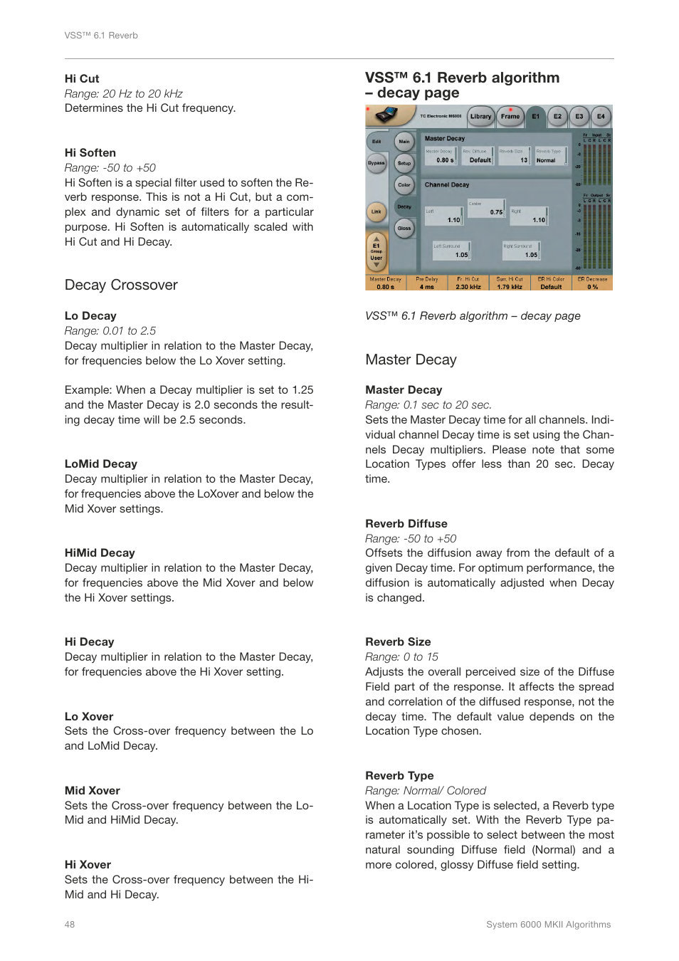 Decay crossover, Vss™ 6.1 reverb algorithm – decay page, Master decay | TC Electronic Broadcast 6000 User Manual | Page 52 / 210