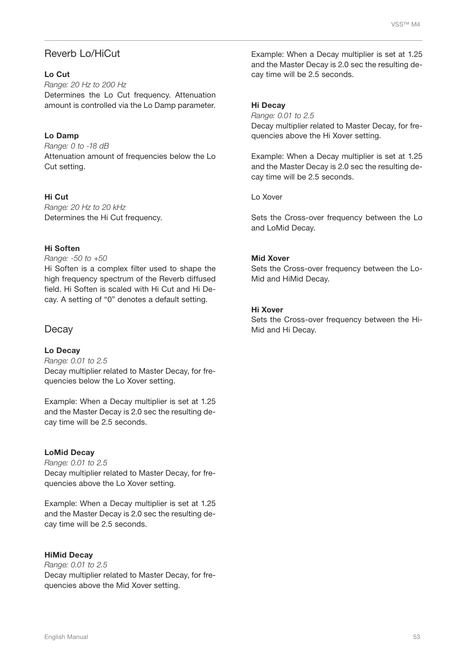 Reverb lo/hicut, Decay | TC Electronic Broadcast 6000 User Manual | Page 57 / 210