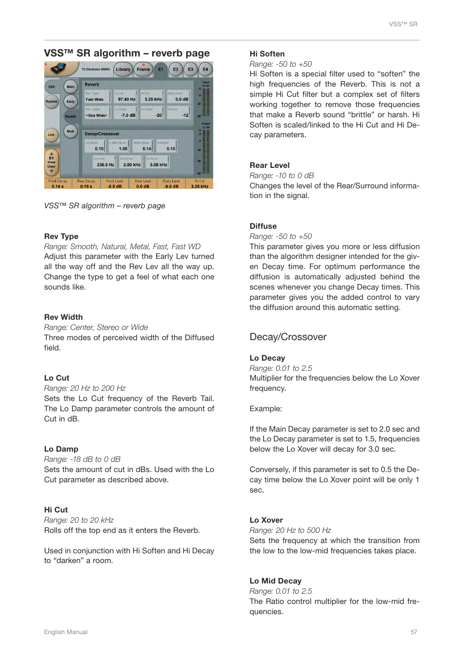 Vss™ sr algorithm – reverb page, Decay/crossover | TC Electronic Broadcast 6000 User Manual | Page 61 / 210
