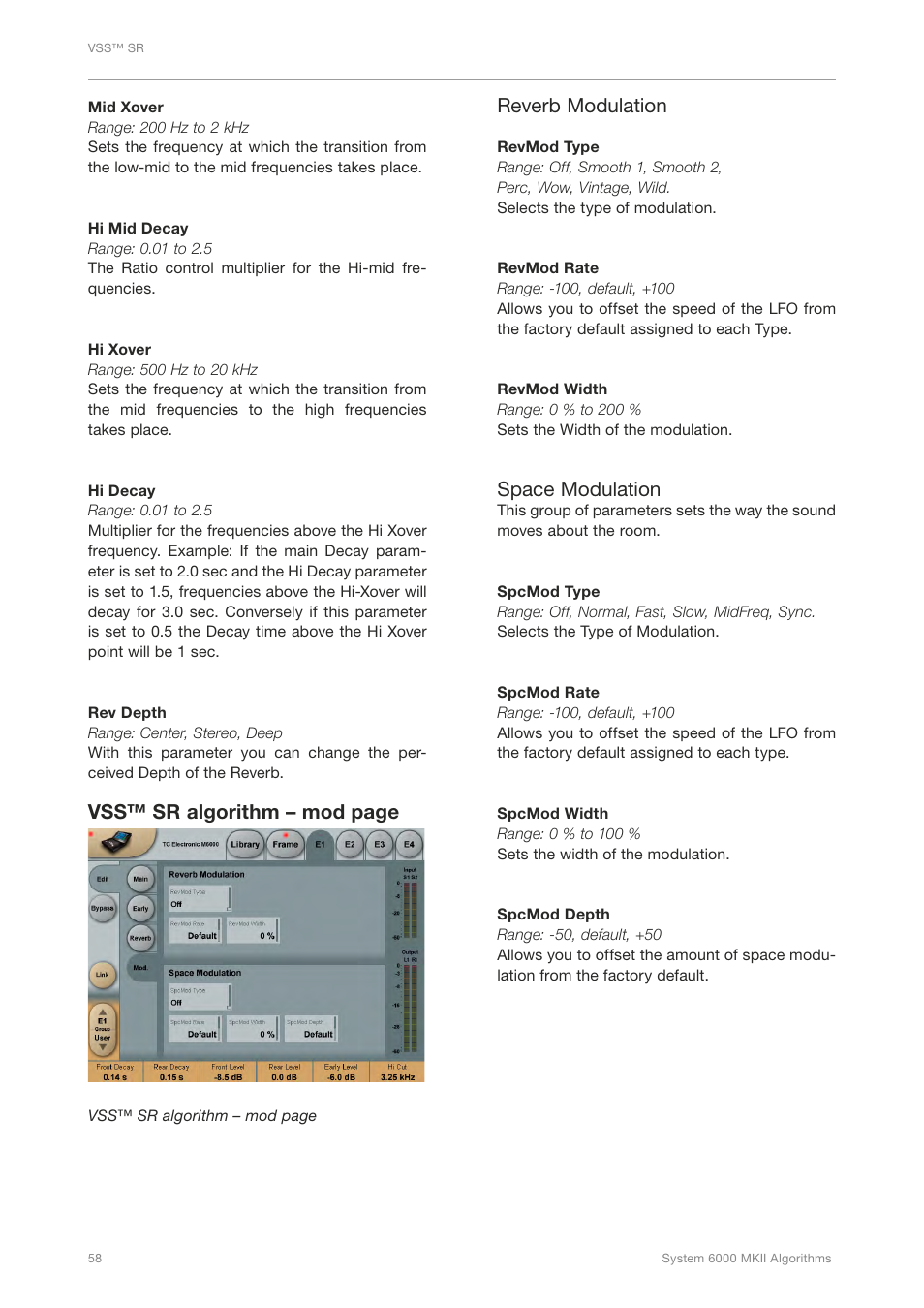 Vss™ sr algorithm – mod page, Reverb modulation, Space modulation | TC Electronic Broadcast 6000 User Manual | Page 62 / 210