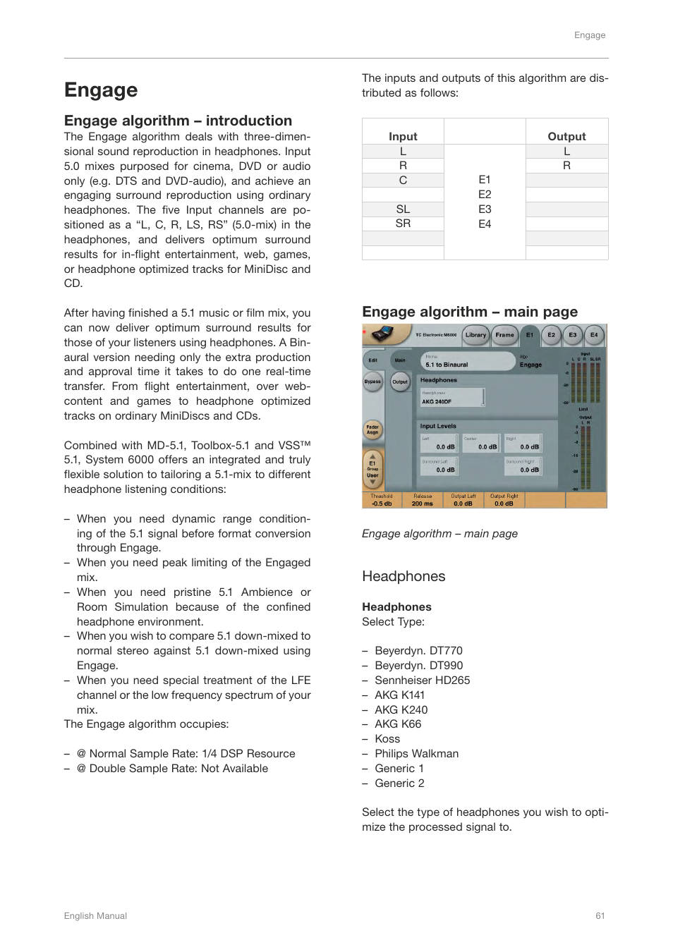 Engage, Engage algorithm – introduction, Engage algorithm – main page | Headphones | TC Electronic Broadcast 6000 User Manual | Page 65 / 210