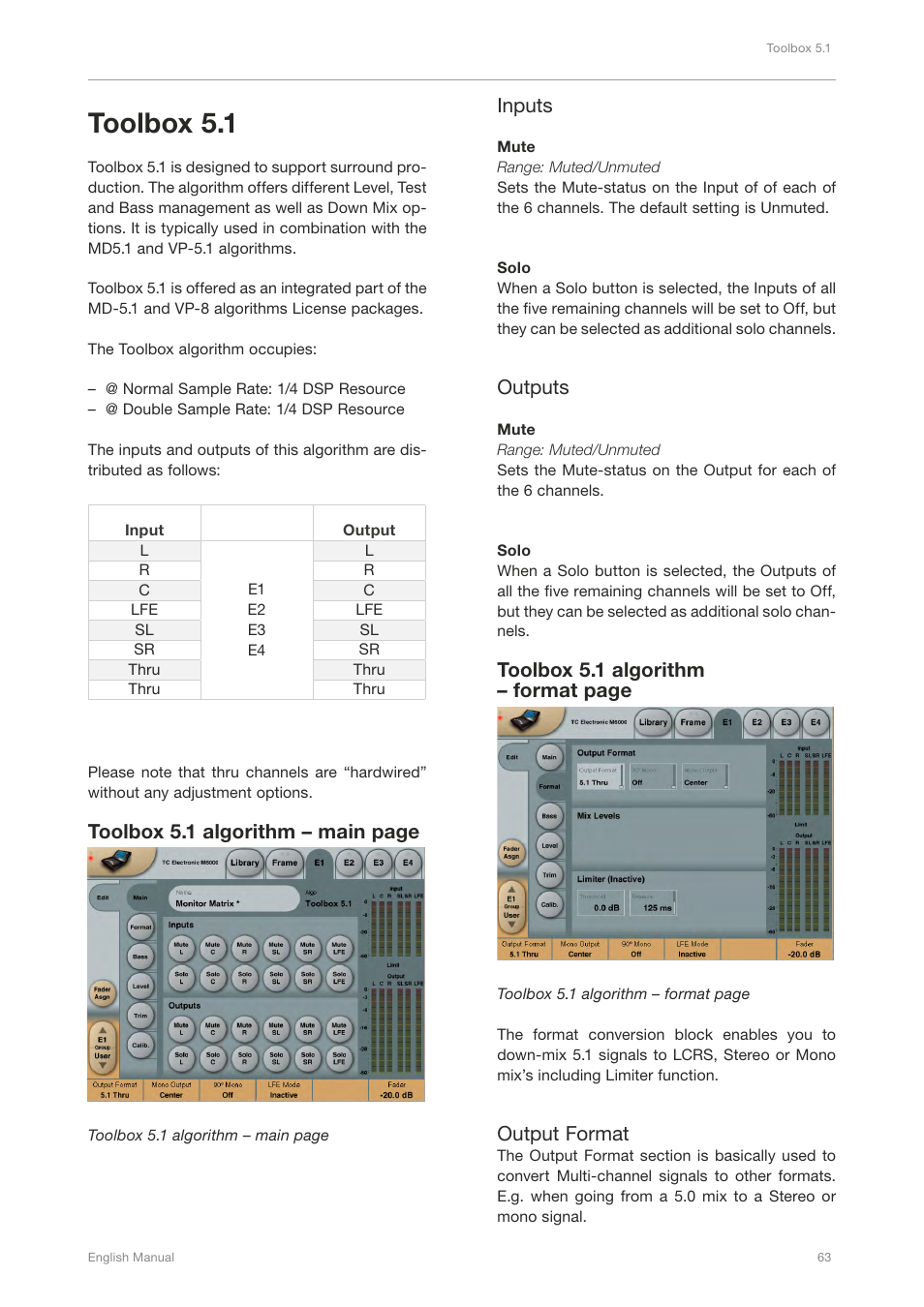 Toolbox 5.1, Toolbox 5.1 algorithm – main page, Inputs | Outputs, Toolbox 5.1 algorithm – format page, Output format | TC Electronic Broadcast 6000 User Manual | Page 67 / 210