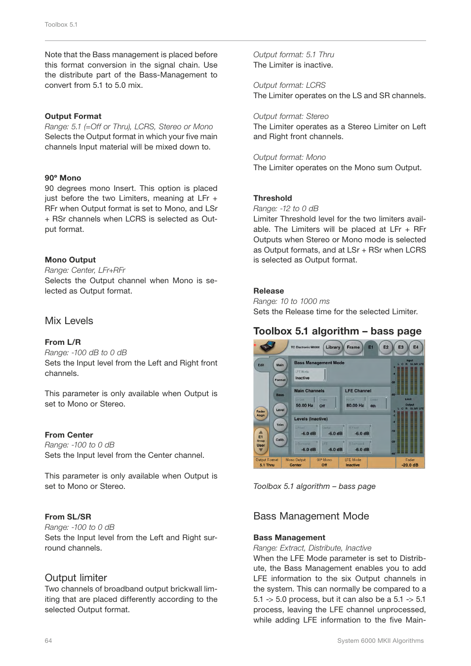 Mix levels, Output limiter, Toolbox 5.1 algorithm – bass page | Bass management mode | TC Electronic Broadcast 6000 User Manual | Page 68 / 210