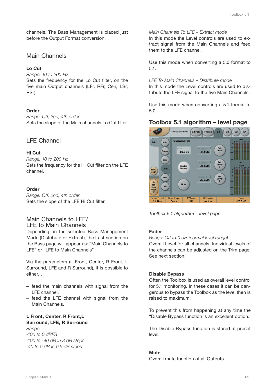Main channels, Lfe channel, Main channels to lfe/ lfe to main channels | Toolbox 5.1 algorithm – level page | TC Electronic Broadcast 6000 User Manual | Page 69 / 210