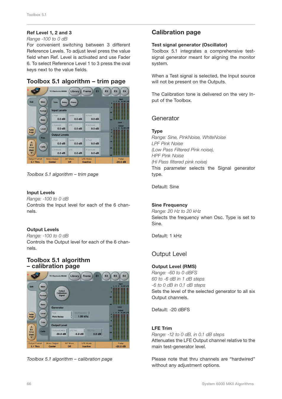 Toolbox 5.1 algorithm – trim page, Toolbox 5.1 algorithm – calibration page, Calibration page | Generator, Output level | TC Electronic Broadcast 6000 User Manual | Page 70 / 210