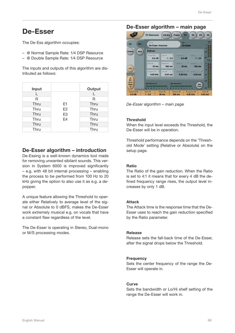 De-esser, De-esser algorithm – introduction, De-esser algorithm – main page | TC Electronic Broadcast 6000 User Manual | Page 73 / 210