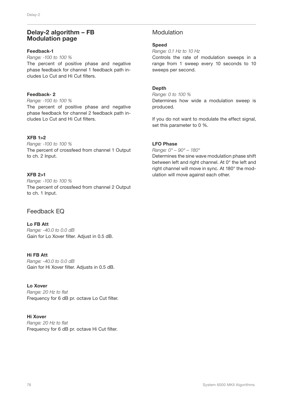 Delay-2 algorithm – fb modulation page, Feedback eq, Modulation | TC Electronic Broadcast 6000 User Manual | Page 80 / 210