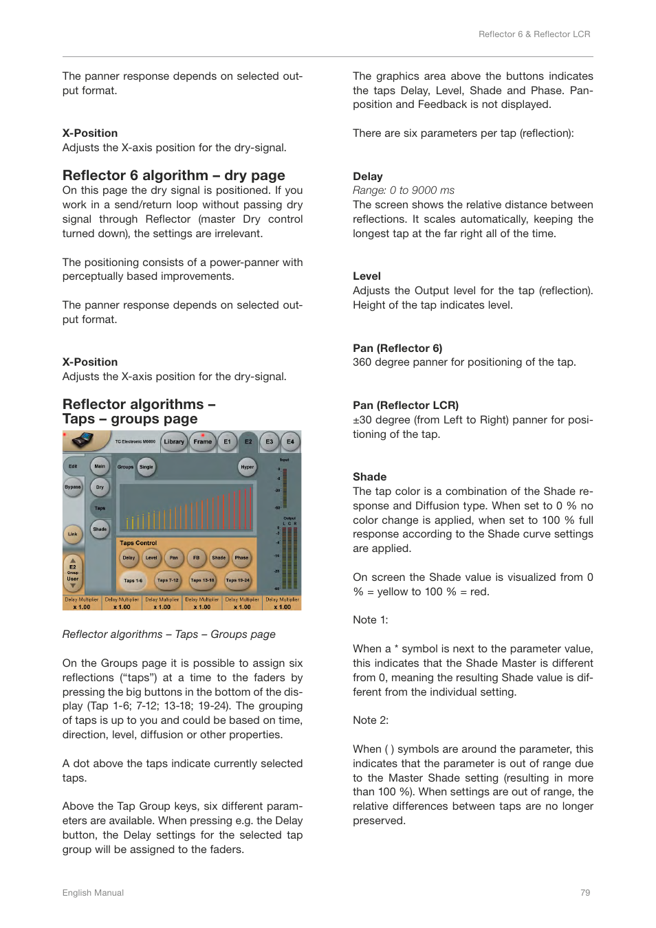 Reflector 6 algorithm – dry page, Reflector algorithms – taps – groups page | TC Electronic Broadcast 6000 User Manual | Page 83 / 210