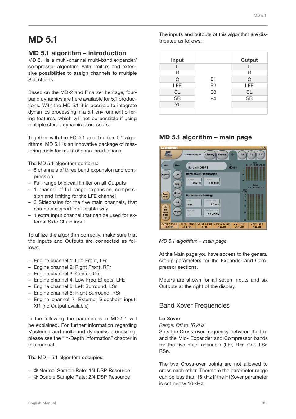 Md 5.1, Md 5.1 algorithm – introduction, Md 5.1 algorithm – main page | Band xover frequencies | TC Electronic Broadcast 6000 User Manual | Page 89 / 210