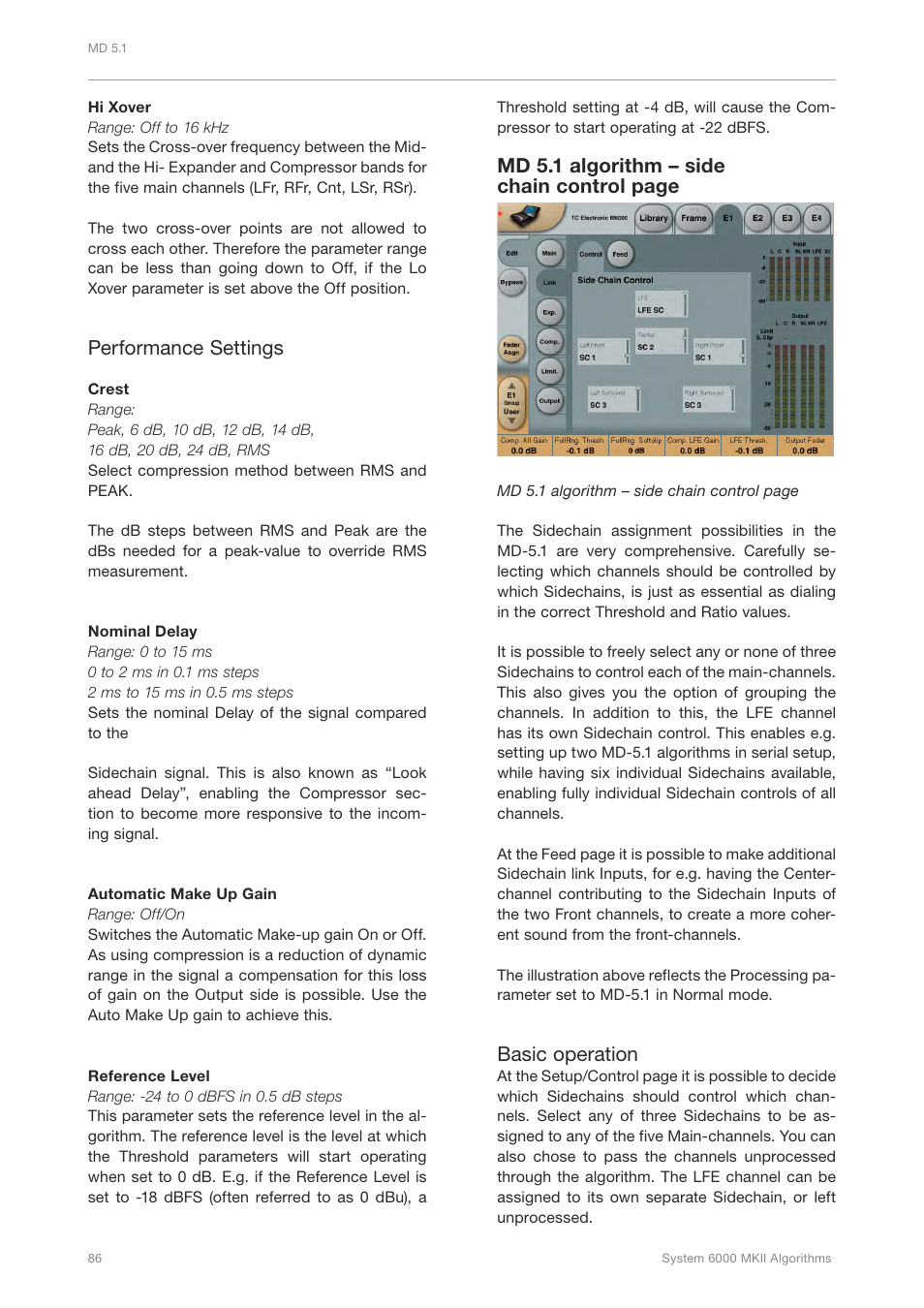 Performance settings, Md 5.1 algorithm – side chain control page, Basic operation | TC Electronic Broadcast 6000 User Manual | Page 90 / 210