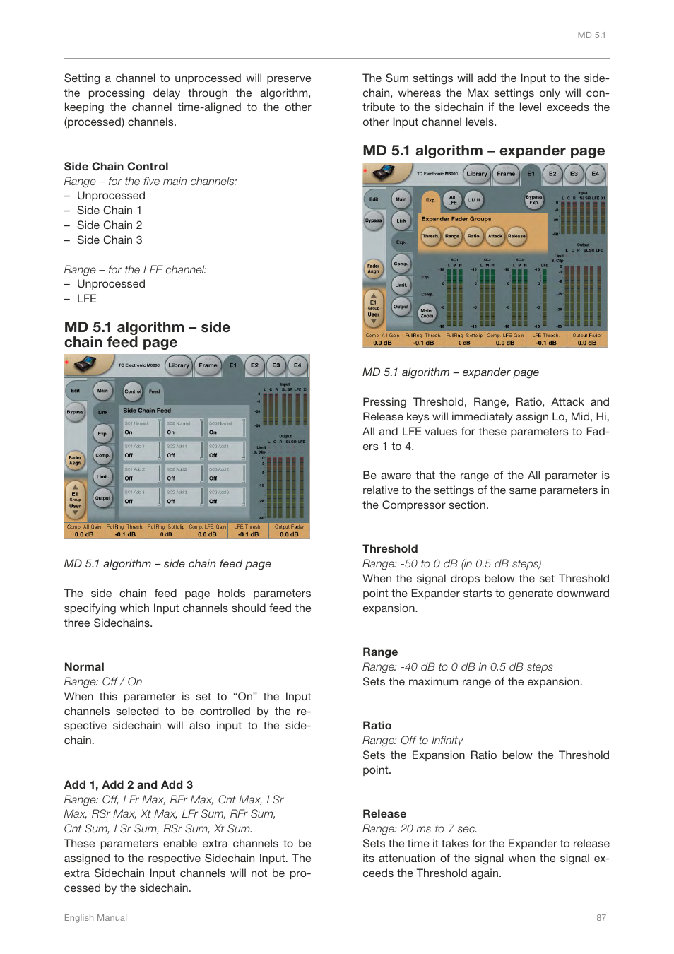 Md 5.1 algorithm – side chain feed page, Md 5.1 algorithm – expander page | TC Electronic Broadcast 6000 User Manual | Page 91 / 210