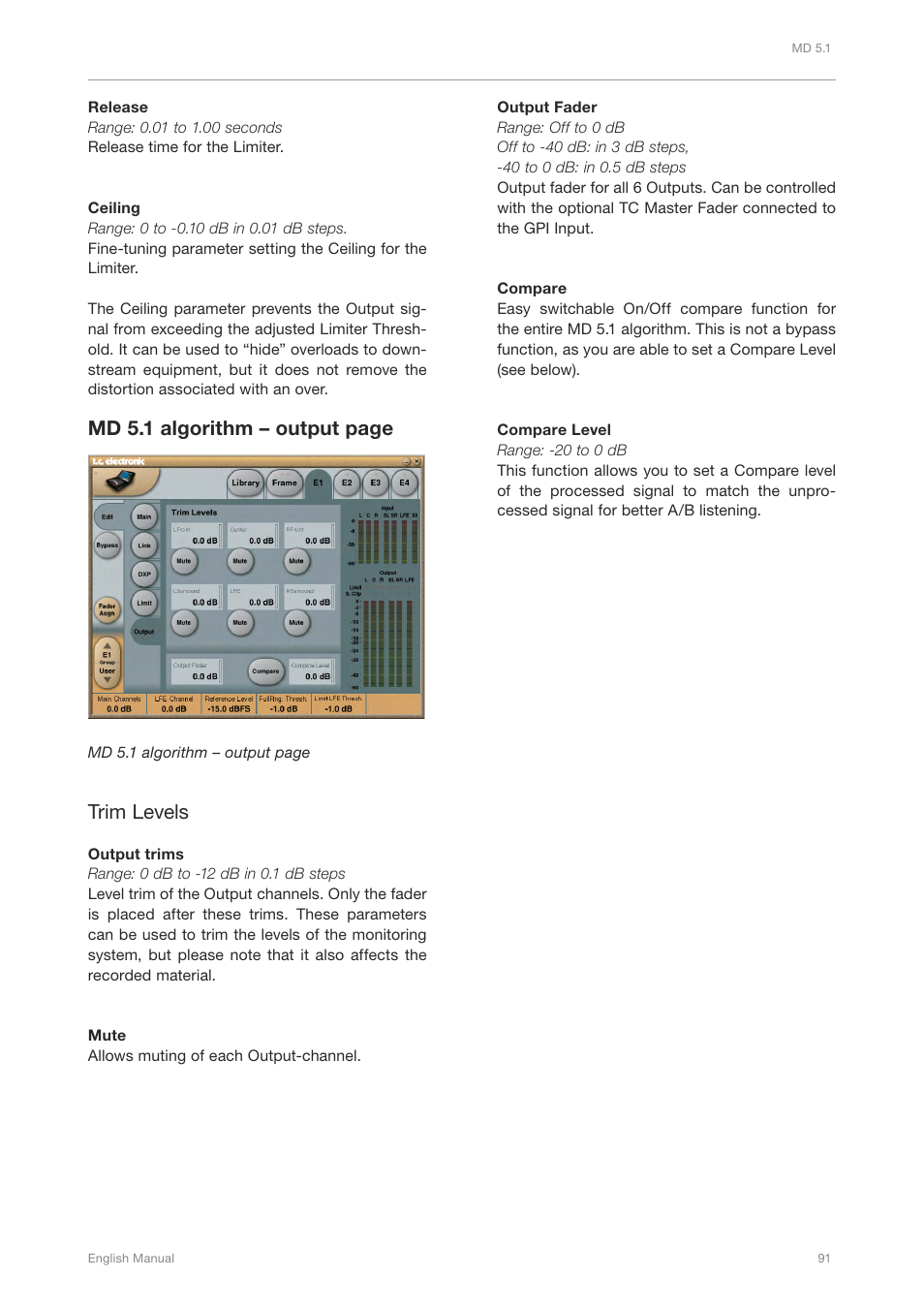 Md 5.1 algorithm – output page, Trim levels | TC Electronic Broadcast 6000 User Manual | Page 95 / 210