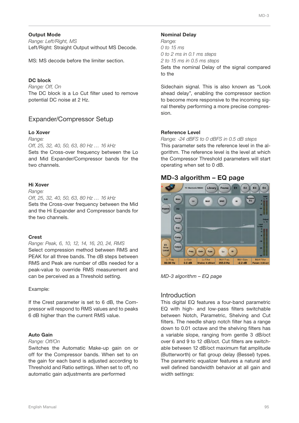 Expander/compressor setup, Md-3 algorithm – eq page, Introduction | TC Electronic Broadcast 6000 User Manual | Page 99 / 210