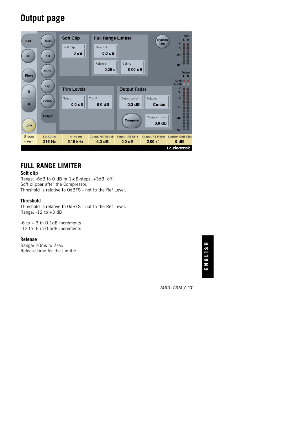 Output page, Full range limiter | TC Electronic MD3 TDM User Manual | Page 19 / 27