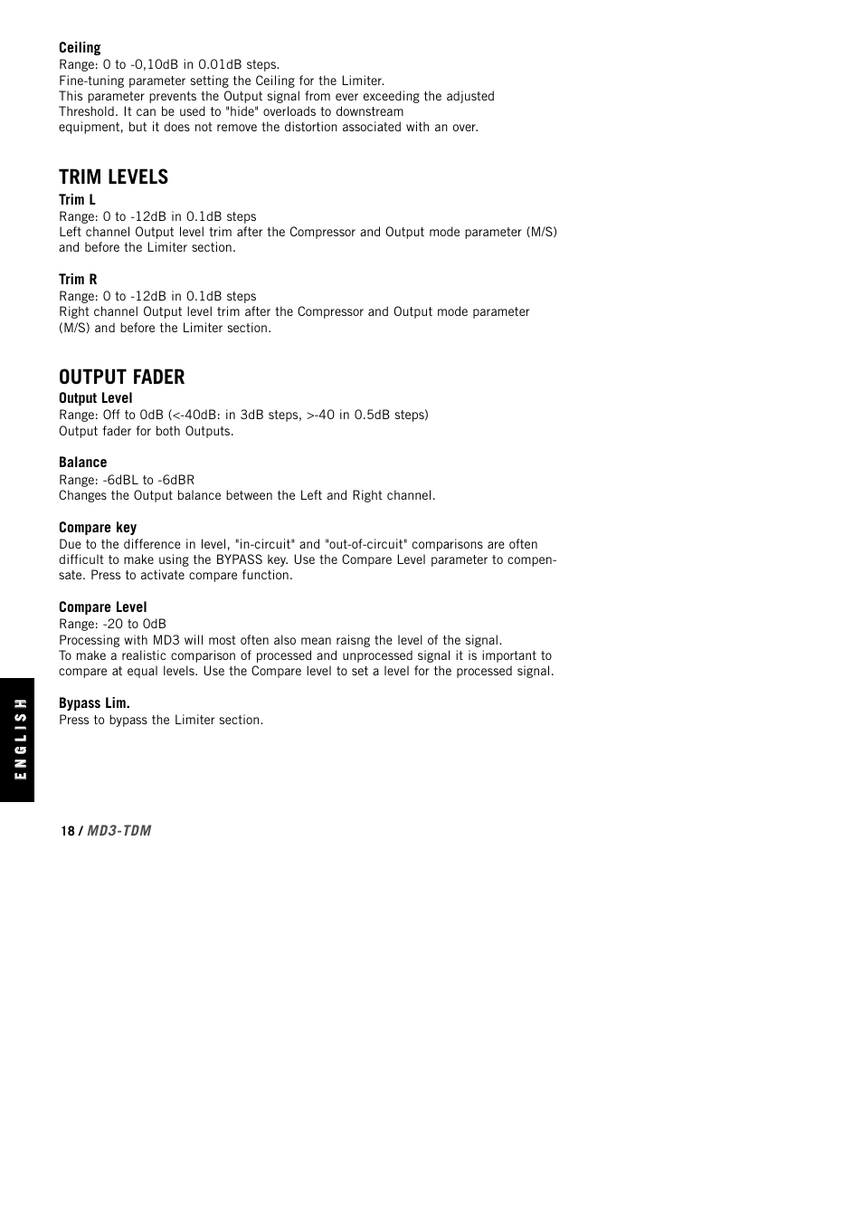 Trim levels, Output fader | TC Electronic MD3 TDM User Manual | Page 20 / 27